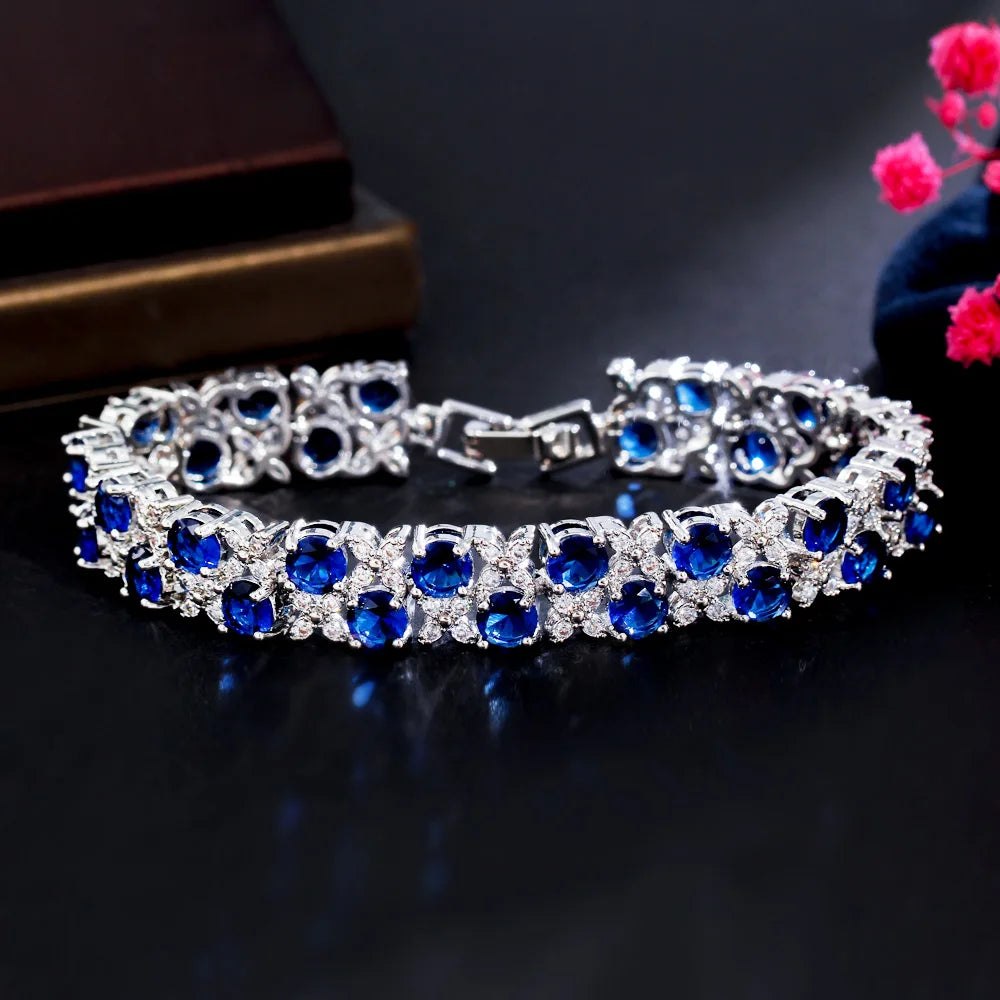 Two Layer Round Cubic Zirconia Elegant Leaf Flower Shape Women Party Evening Wedding CZ Bracelet for Brides