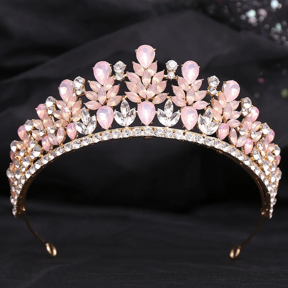 Pink Opal Crystal Wedding Crown Princess Rhinestone Pageant Diadem Party Headdress Bridal Crown Hair Jewelry Tiaras Accessories - EUFASHIONBAGS