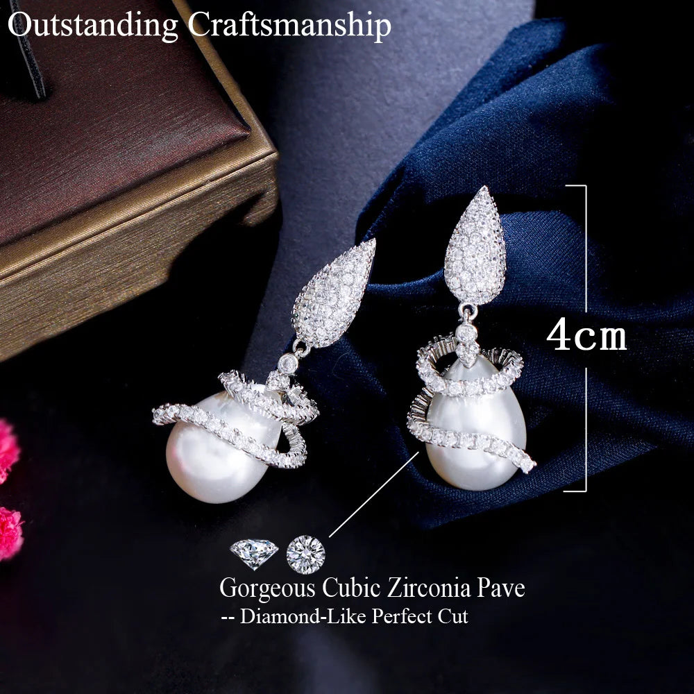 Symmetrical Rotating Cubic Zirconia Drop Dangle Pearl Earrings for Women Elegant CZ Wedding Bridal Jewelry Gift