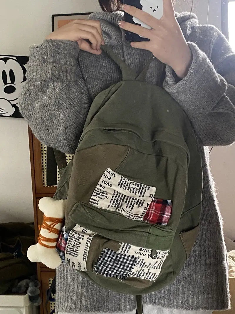 Y2k Grunge Green Backpack Women Harajuku Patchwork Canvas School Bag Backpacks Vintage Casual Mochila Aesthetic