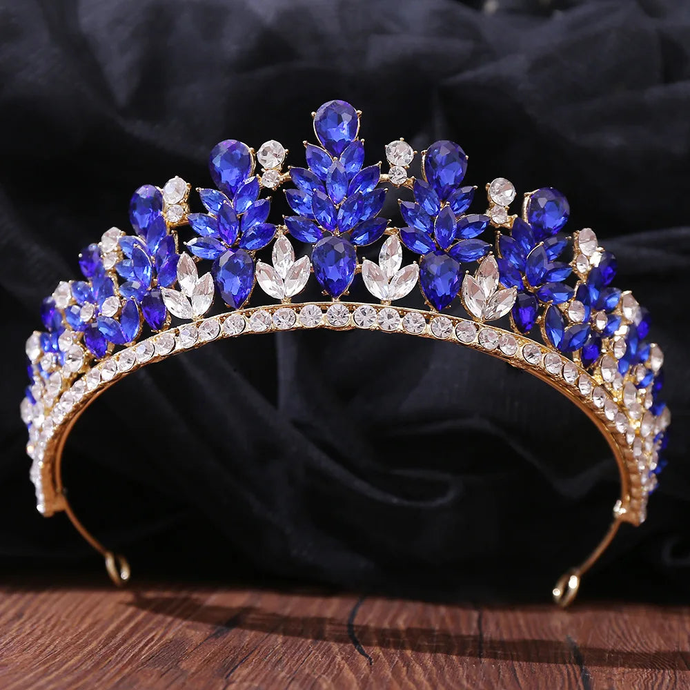 Baroque Gold Color Blue Diadem Rhinestone Crystal Tiaras Bride Headdress Princess Wedding Crown Pageant Hair Jewelry Accessories - EUFASHIONBAGS