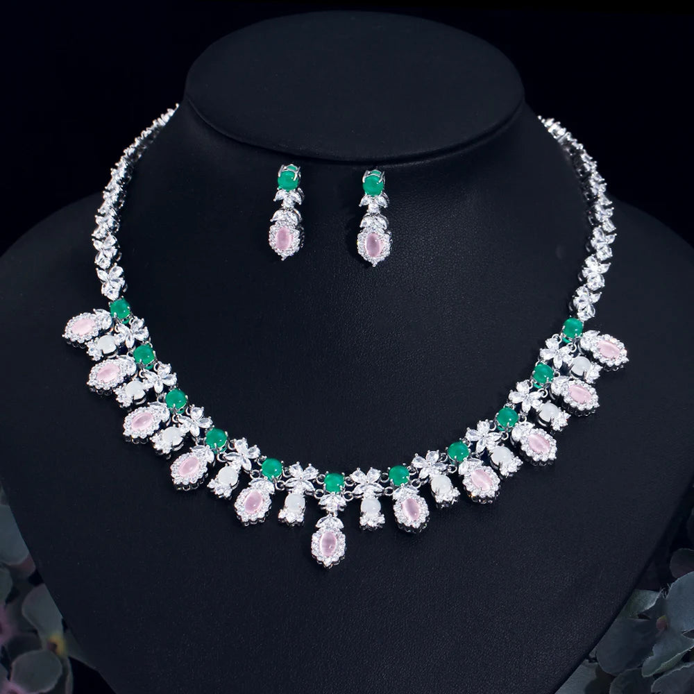 Pink Opal and Cubic Zirconia Setting Flower Bridal Necklace Earring Jewelry Sets for Wedding Accessories - EUFASHIONBAGS