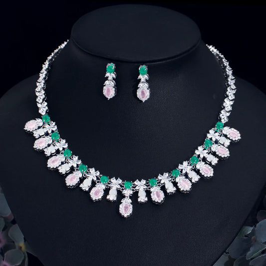 Pink Opal and Cubic Zirconia Setting Flower Bridal Necklace Earring Jewelry Sets for Wedding Accessories