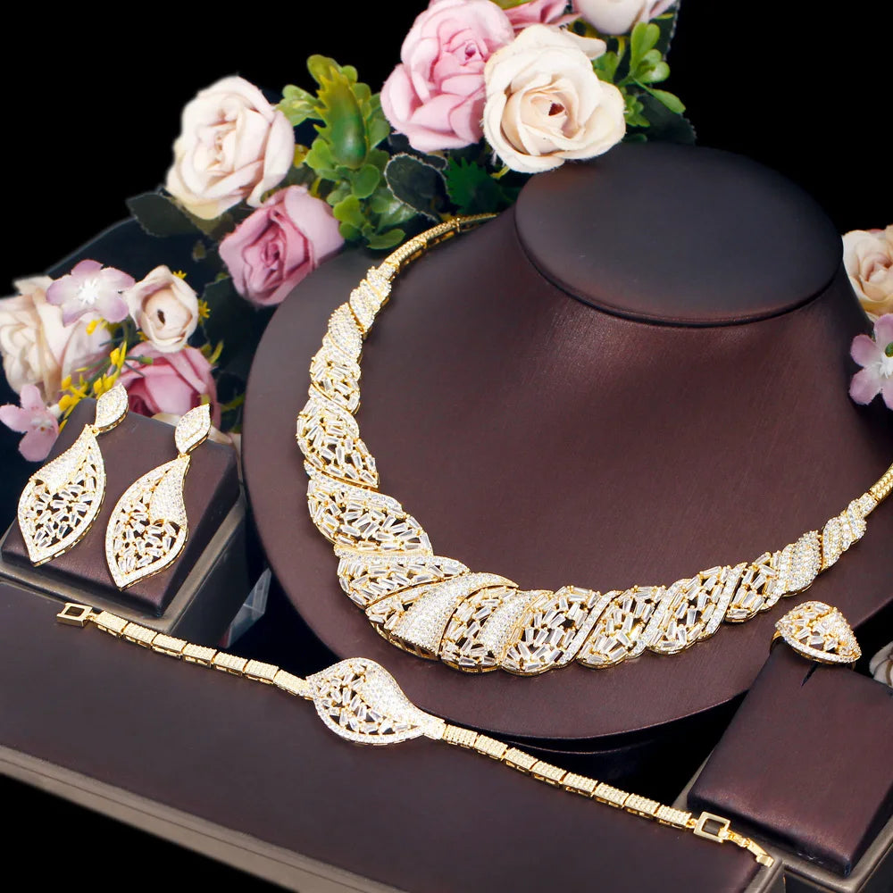 4pcs Luxury Chunky CZ Nigeria Gold Plated Dubai Necklace Jewelry Sets for Women Wedding Bridal Dress Accessories - EUFASHIONBAGS