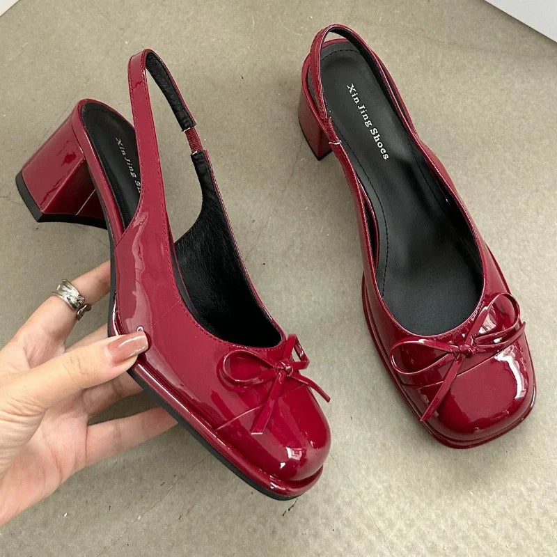 Lacquer Leather Mary Jane Shoes Women Butterfly-knot Sweet Chunky Dress Shoes Fashion High Heeled Sandals Women Zapatos De Mujer