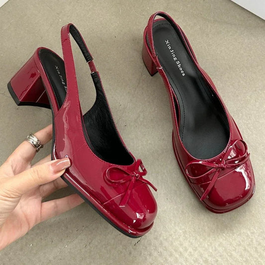 Lacquer Leather Mary Jane Shoes Women Butterfly-knot Sweet Chunky Dress Shoes Fashion High Heeled Sandals Women Zapatos De Mujer