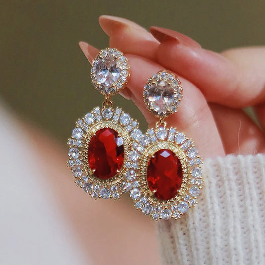 Aesthetic Gold Color Red CZ Hanging Earrings for Women Full Bling Iced Out Wedding Party Luxury Accessories Trend Jewelry - EUFASHIONBAGS