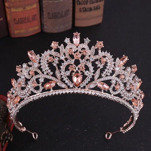 Baroque Vintage Rose Gold Pink Heart Crystal Bridal Tiaras Crowns Pageant Rhinestone Diadem Veil Tiara Wedding Hair Accessories