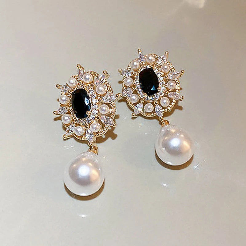 Black Stone Imitation Pearl Dangle Earrings for Women Gold Color Luxury Trendy Female Ear Accessory Wedding Party Jewelry - EUFASHIONBAGS