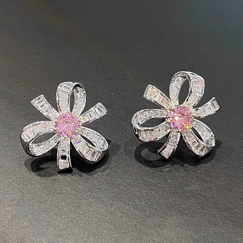 Pink Flower Stud Earrings Bridal Wedding Accessories Aesthetic Women's CZ Earrings for Party Statement Jewelry - EUFASHIONBAGS