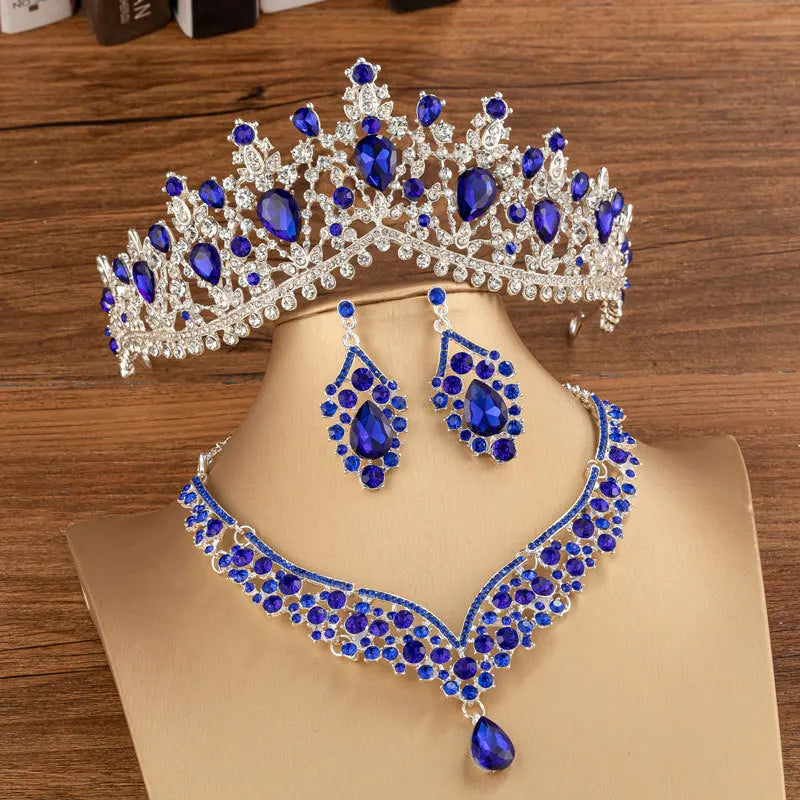 Baroque Gold Color Black Crystal Bridal Jewelry Sets Tiaras Crown Earrings Choker Necklace Women Wedding Dress Dubai Jewelry Set - EUFASHIONBAGS