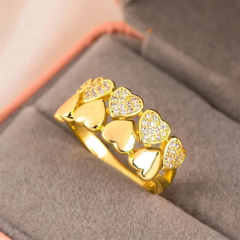 Double Layer Hearts Design Women Rings Gold Color Wedding Band Accessory Statement Love Rings Party Luxury Trendy Jewelry - EUFASHIONBAGS