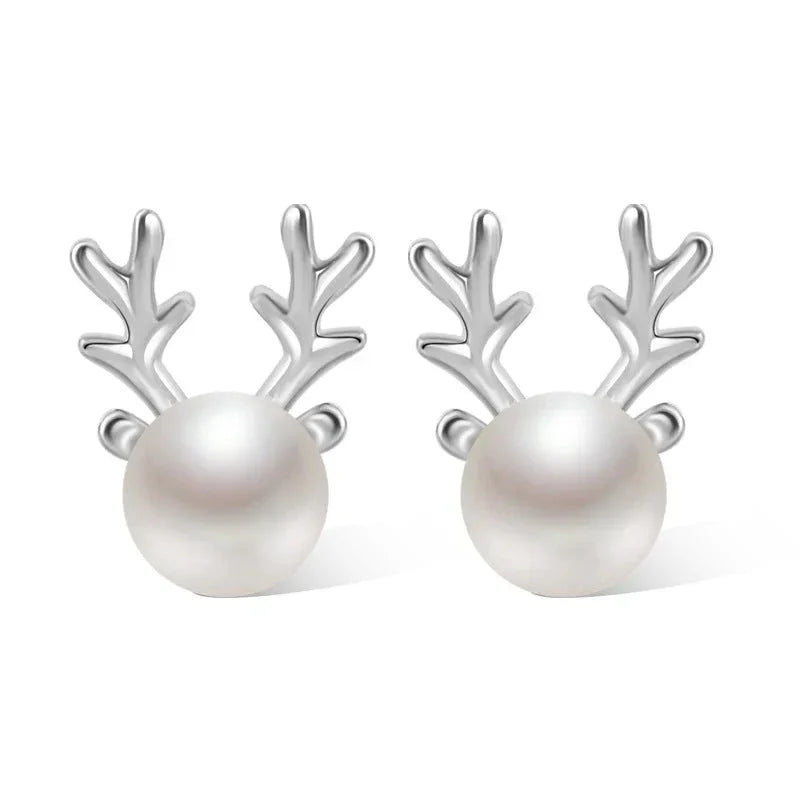 Cute Elk Antler Imitation Pearl Stud Earrings for Women Exquisite Daily Wear Party Christmas Earrings Gift Trendy Jewelry