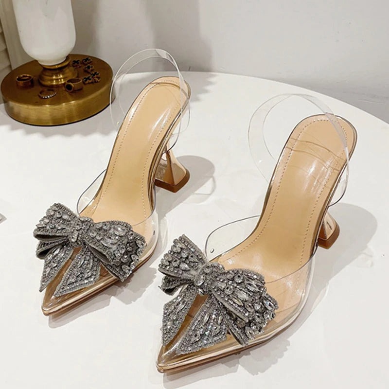 Fashion Crystal Sequined Bowknot Women Pumps Sexy Pointed Toe High Heels Wedding Prom Shoes PVC Transparent Sandals