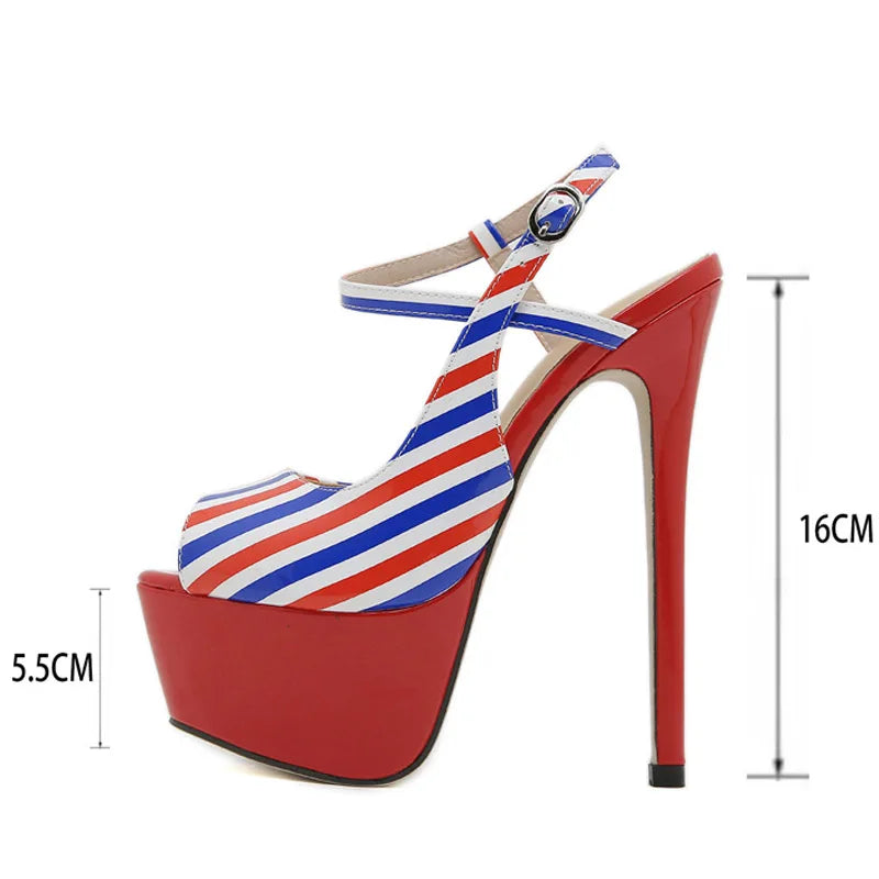 Summer Fashion Striped Ankle Strap Women Sexy 16CM Fetish Sandal Platform High Heels Wedding Banquet Shoes Stilettos Mujer - EUFASHIONBAGS