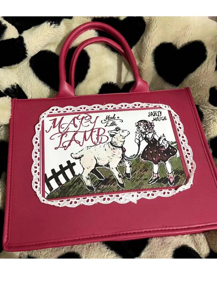 Lolita Red Tote Bag Women Gothic Vintage Large Capacity Y2k Hand Bag Ladies Sweet Cute Shoulder Bags Aesthetic - EUFASHIONBAGS