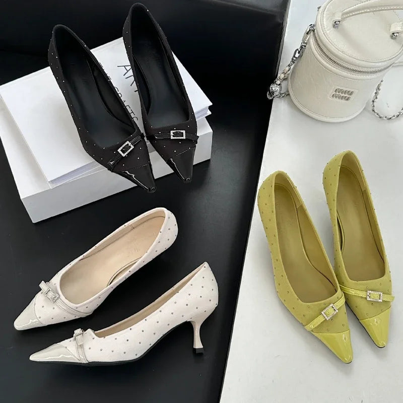 Designer Pointed Toe Low Heel Women Shoes Belt Buckle Elegant Office Thin High Heels Female Shallow Pumps Women Zapatos De Mujer