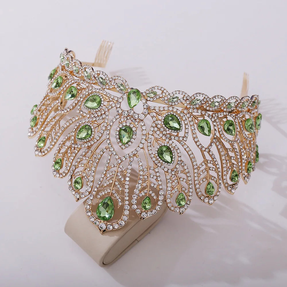 Luxury Royal Queen Rhinestone Wedding Crown Combs for Women Green Crystal Banquet Tiaras Party Costume Hair Jewelry Accessories - EUFASHIONBAGS