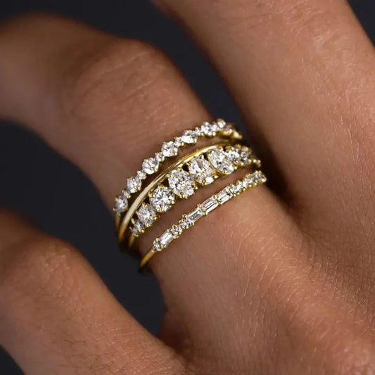 4Pcs Set Rings for Women Luxury Gold Color Cubic Zircon Female Rings Wedding Party Statement Lady Accessories New Jewelry