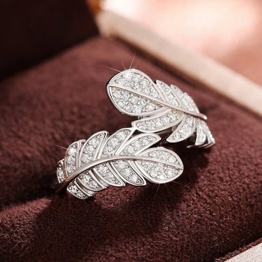 Leaf-shaped Finger Ring Silver Color Paved Brilliant CZ Stone Exquisite Women Accessories Wedding Party Fashion Jewelry