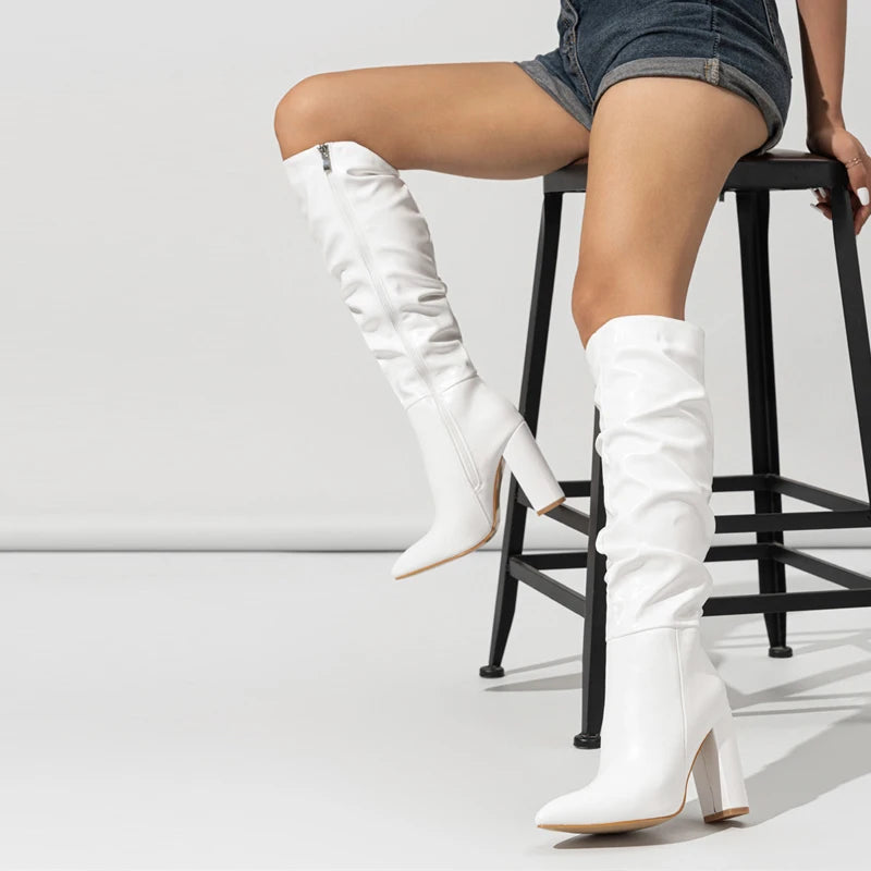 Winter Street Fashion Pleated Leather Pink Knee High Boots Women Sexy Long Zip Pointed Toe Square Heels Stripper Shoes