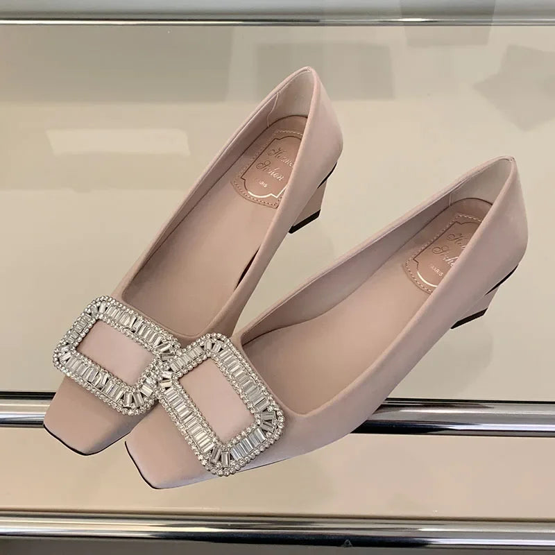 Fashion Chunky Mary Jane Shoes Women Rhinestone Square Button Shallow Elegant High Heel Dress Shoes Comfy Square Toe Pumps Women