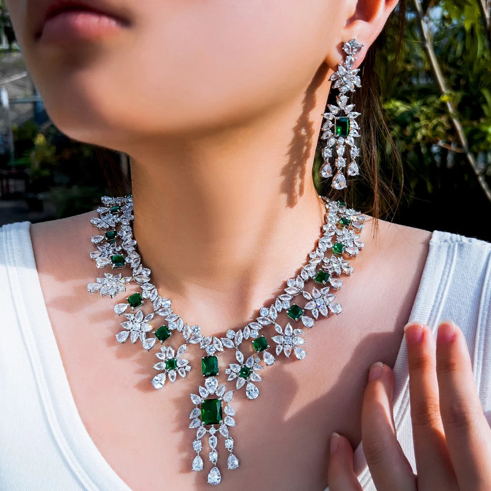 Luxury Dangle Tassel Drop Cubic Zirconia Green Wedding Decor Party Big Necklace Bridal Jewelry Sets for Women - EUFASHIONBAGS