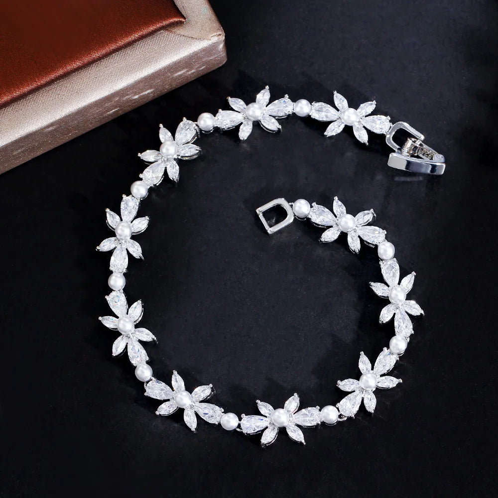 Shiny White Cubic Zirconia Pave Flower Leaf Shape Pearl Bracelets for Women Wedding Bridal Jewelry Accessories - EUFASHIONBAGS