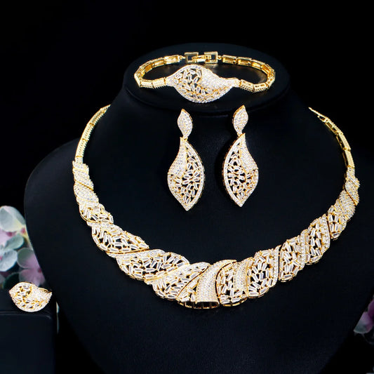 4pcs Luxury Chunky CZ Nigeria Gold Plated Dubai Necklace Jewelry Sets for Women Wedding Bridal Dress Accessories - EUFASHIONBAGS