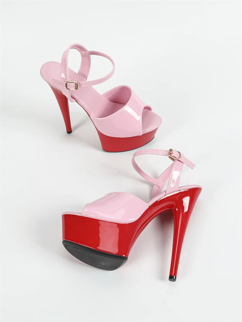 2025 New Yellow Red Women Fashion Buckle Strap Platform Sandals Runway Sexy Peep Toe Super High Heels Wedding Prom Shoes