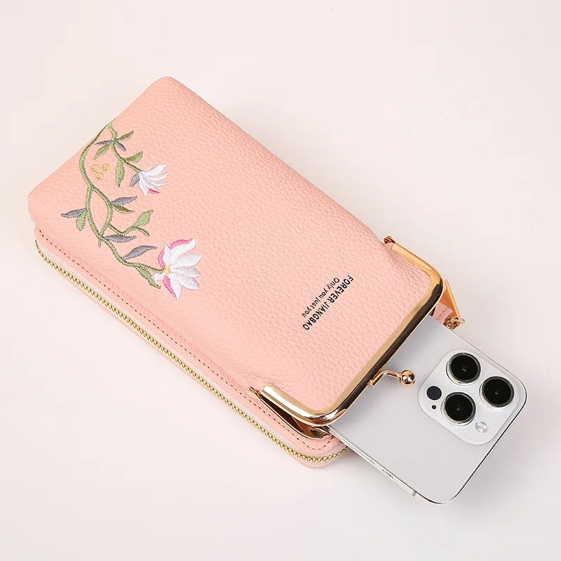 New Women's Bag Long Embroidered Mobile Phone Bags Female Shoulder Crossbody Bag Cards Holder Coin Wallet Girls Handbag