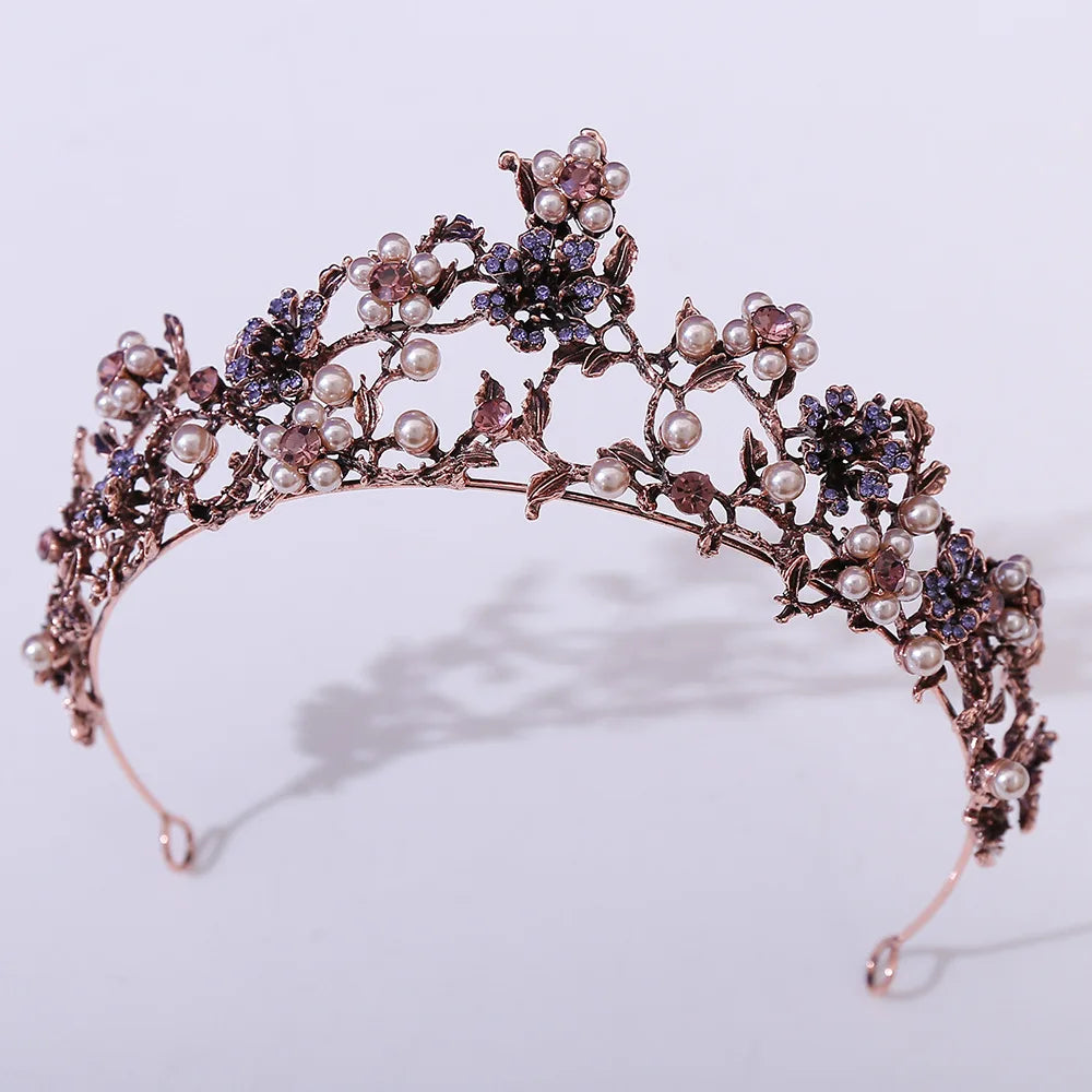 New Baroque Vintage Flowers Crystal Pearls Bridal Tiaras Crown Rhinestone Pageant Diadem Bride Headband Wedding Hair Accessories - EUFASHIONBAGS