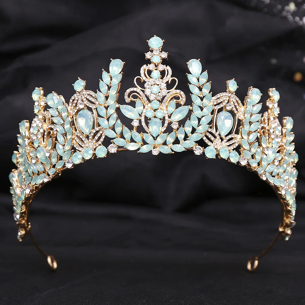 New Luxury Gold Color Green Opal Crystal Flower Water Drop Tiaras Crown Women Wedding Party Diadem Bridal Crown Hair Accessories - EUFASHIONBAGS