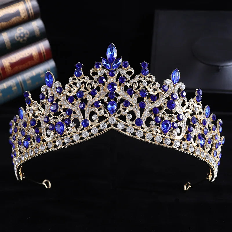 Trendy Baroque Sky Blue Rhinestone Crystal Queen Crown Wedding Tiara Women Beauty Pageant Diadem Bridal Hair Accessories Jewelry - EUFASHIONBAGS