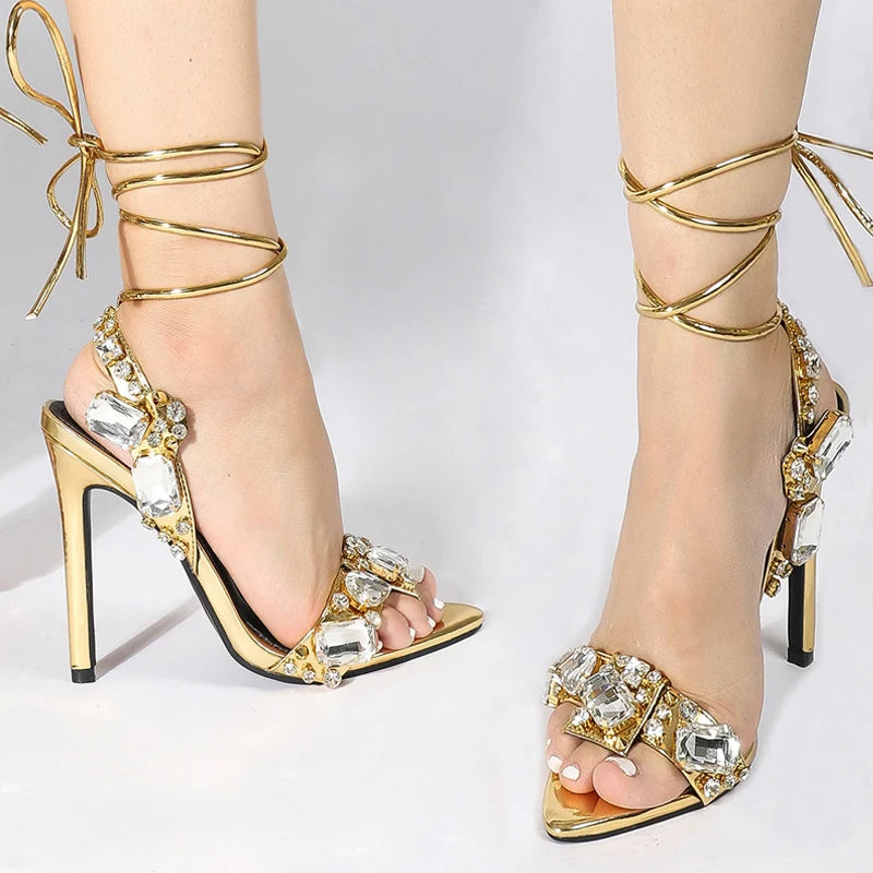 Sexy Ankle Strap Golded Sandals Women Party Nightclub Stripper Heels High Quality Crystal Diamond Pointed Toe Wedding Shoe - EUFASHIONBAGS