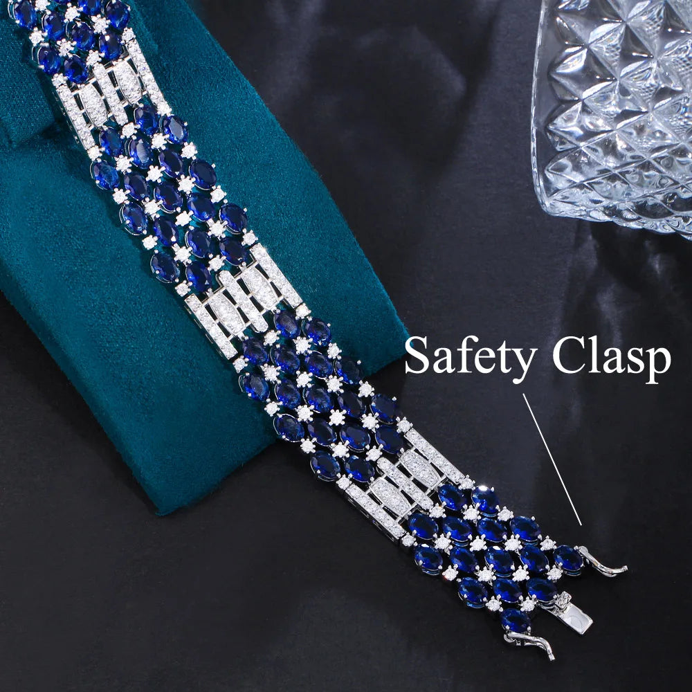 Glamorous Chunky Oval Round Royal Blue Cubic Zirconia Crystal Big Luxury Bracelets for Women Wedding Event - EUFASHIONBAGS