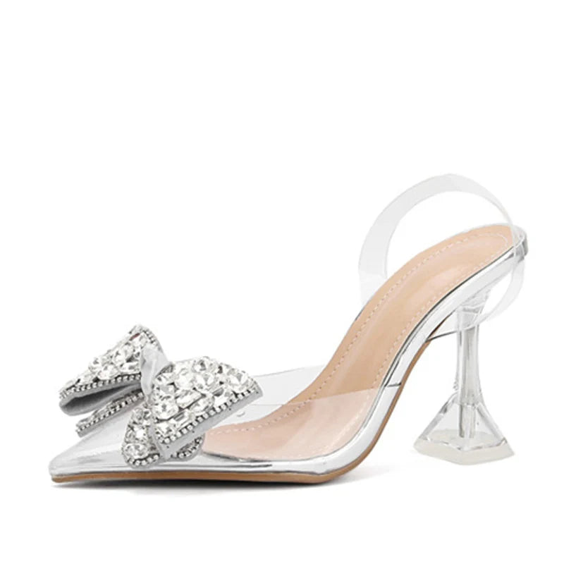 PVC Transparent Women Pumps Sexy Crystal Bowknot Pointed Toe Slingback High Heels Mules Sandal Wedding Prom Shoes - EUFASHIONBAGS