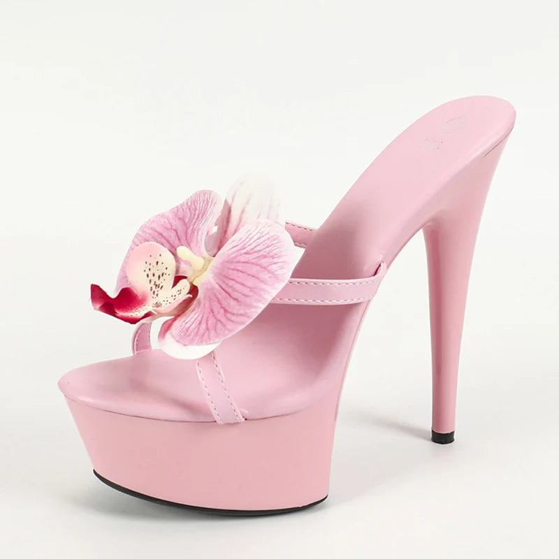 Size 34-43 Super High Heels Platform Slippers Women Fashion Pink Flowers Open Toe Summer Sandal Female Party Stripper Shoe