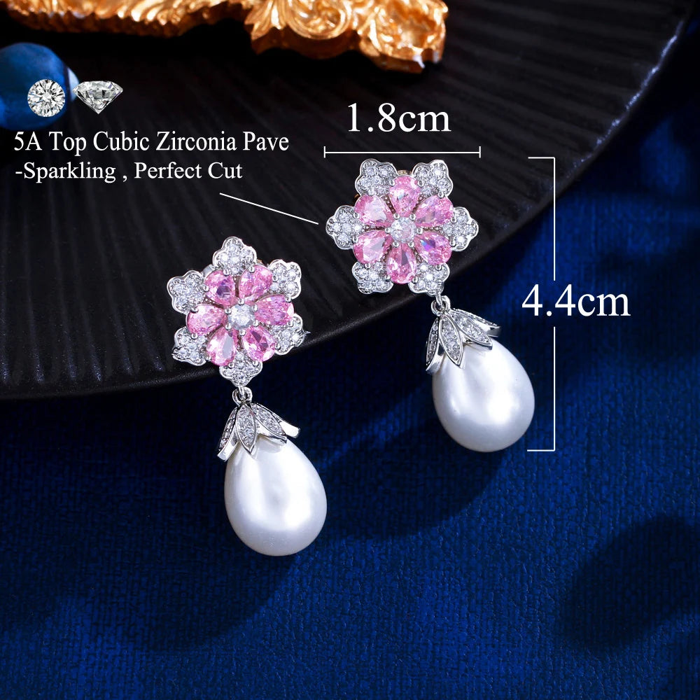 Pink Cubic Zirconia Snow Flower Dangle Drop Long Pearl Earrings for Women Luxury Wedding Party Jewelry - EUFASHIONBAGS