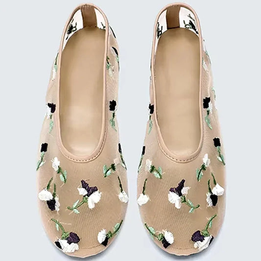 Embroidered Flowers Mesh Ballet Flats Summer Light Hollow Breathable Designer Mary Jane Shoes Women Soft Sole Brand Mules Shoe