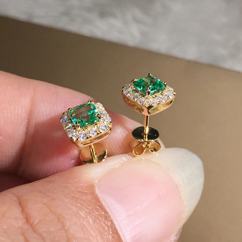 Simple Square Green Cubic Zirconia Stud Earrings Temperament Gold Color Wedding Accessories for Women Anniversary Gift