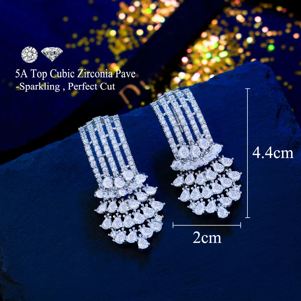 Sparkling Cluster Water Droplets Cubic Zirconia Long Drop Dangle Chandelier Bridal Wedding Earrings for Women - EUFASHIONBAGS