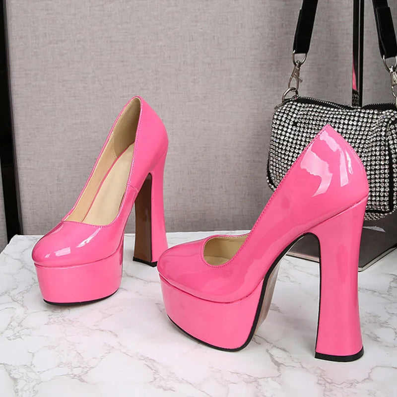 Sexy Pink Patent Leather Chunky Platform High Heels Wedding Banquet Shoes Spring Autumn Round Toe Slingback Women Pumps - EUFASHIONBAGS