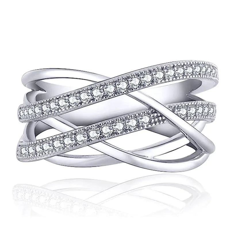 Silver Color Multi-cross Finger Ring with Shiny Crystal CZ Modern Fashion Female Rings Daily Wear Party Statement Jewelry - EUFASHIONBAGS