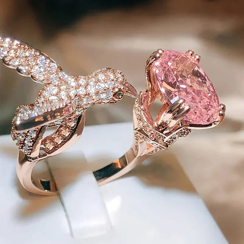 Unique Design Bird with Oval Pink CZ Rings for Women Rose Gold Color Sparkling Opening Rings Cocktail Party Trend Jewelry - EUFASHIONBAGS