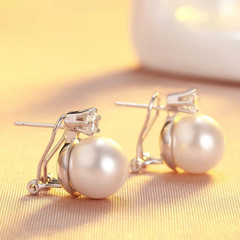 Trendy Korean Style Piercing Stud Earrings Women Graceful Simulated Pearl Jewelry for Engagement Shiny CZ Accessories