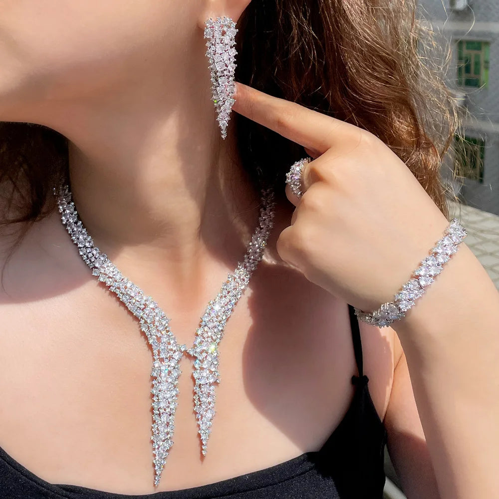 4Pcs Brilliant Dubai CZ Heave Stone Work Big Luxury Dinner Party Wedding Bridal Costume Jewelry Sets for Women