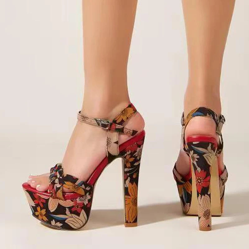 Mixed Colors Flowers Print Platform Sandals Women Weave Narrow Band Open Toe 14CM Super High Heels Party Banquet Shoes - EUFASHIONBAGS