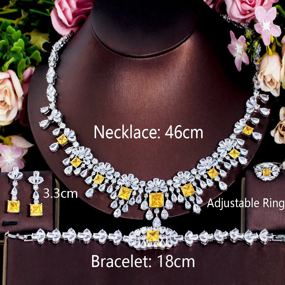 4pcs Dubai Cubic Zirconia Paved Flower Fringed Expensive Luxury Chunky Wedding Bridal Jewelry Sets for Women - EUFASHIONBAGS