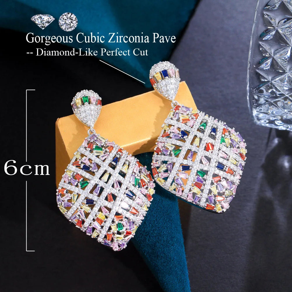 Fancy Cross Line Colorful Heavy Cubic Zirconia Stone Pave Luxury Big Rhombic Drop Engagement Earrings for Women - EUFASHIONBAGS